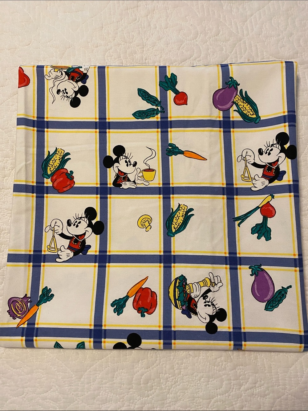Vintage Disney Minnie Mouse cotton tablecloth with grid pattern approx 59” x 60”